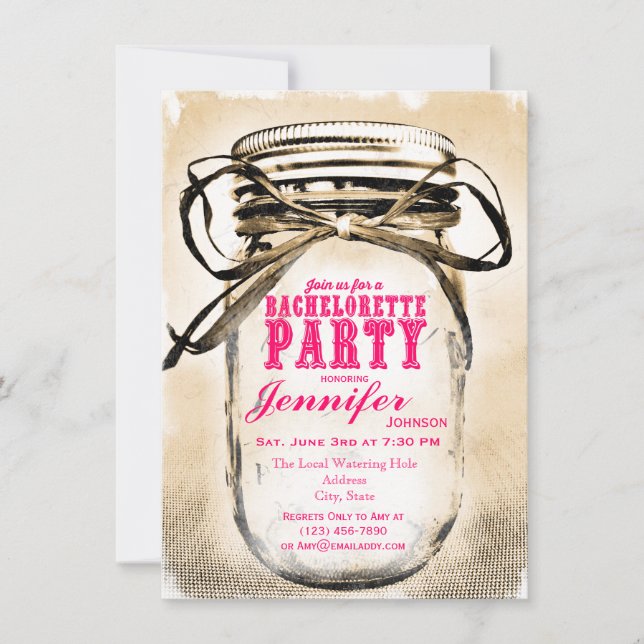 Hot Pink Mason Jar Bachelorette Party Invitations (Front)
