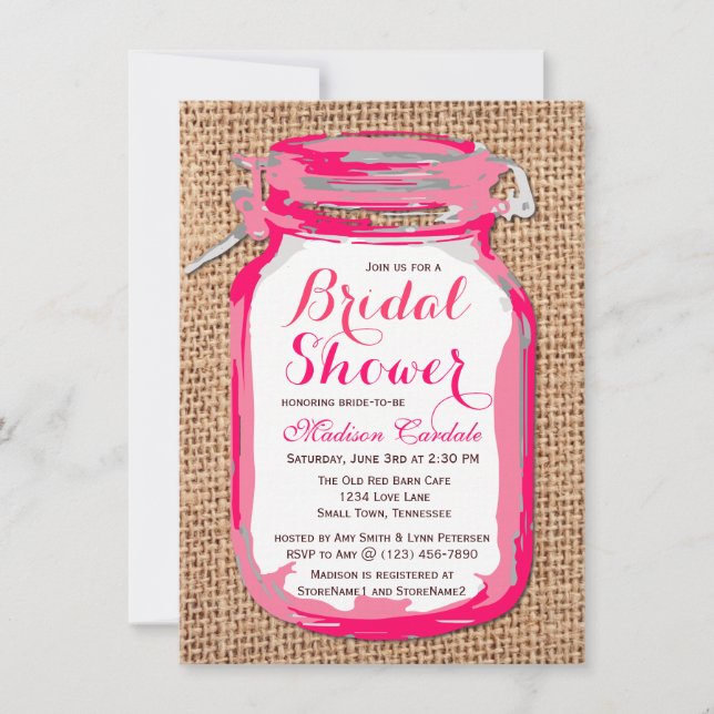 Hot Pink Mason Jar Bridal Shower Invitations (Front)