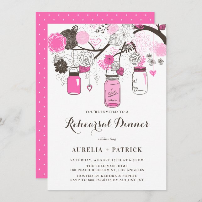 Hot Pink Mason Jars Rehearsal Dinner Invitation (Front/Back)