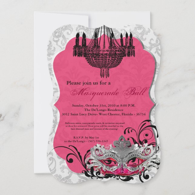 Hot Pink Masquerade Ball Mask Costume Halloween Invitation (Front)
