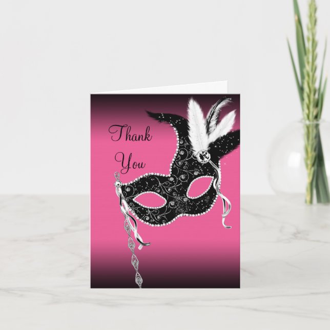 Hot Pink Masquerade Party Mask Thank You Cards (Front)