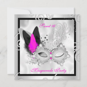 Hot Pink Masquerade Sweet 16 Party Mask Silver 2 Invitation