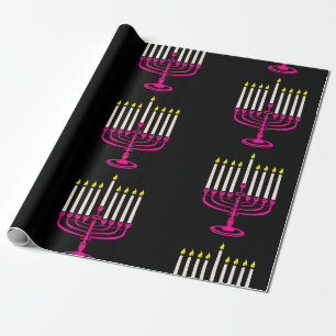hot pink menorah hanukkah purim wrapping paper