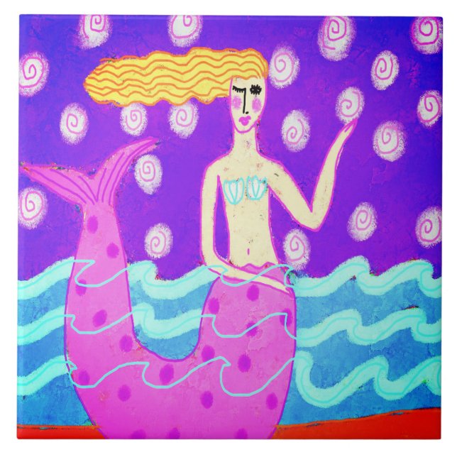 Hot Pink Mermaid Abstract Art Ceramic Tile (Front)