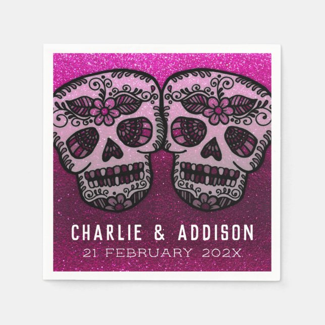 Hot Pink Metallic Glitter Black White Sugar Skull Napkin (Front)