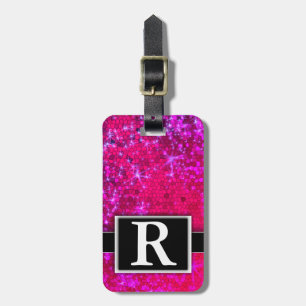 Hot Pink Metallic Glitter Modern Elegant Monogram Luggage Tag