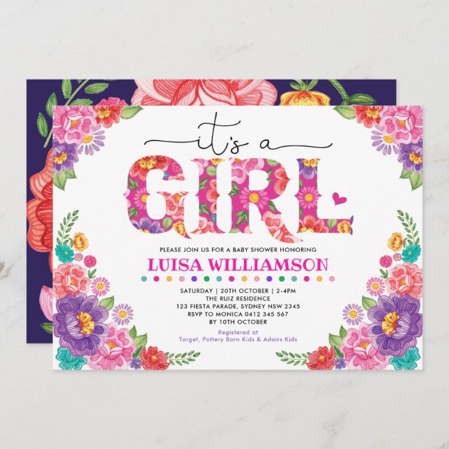 Hot Pink Mexican Fiesta Floral Girl Baby Shower Invitation (Front/Back)