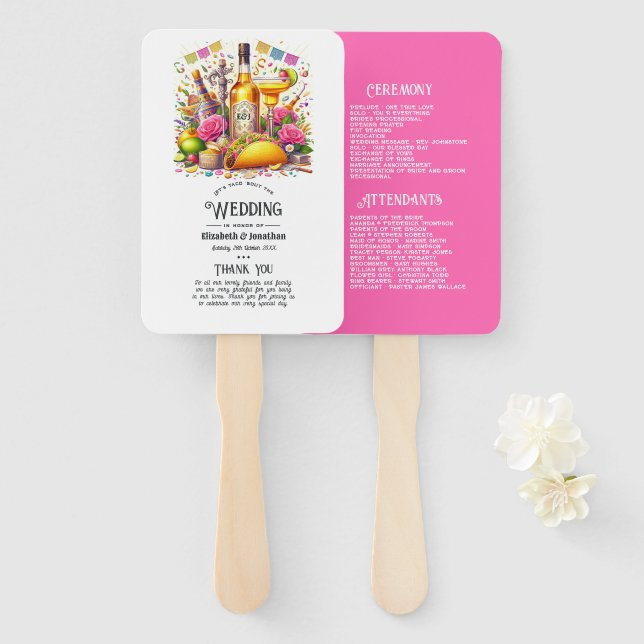 Hot-Pink Mexican Fiesta Tequila Wedding Program Hand Fan (Front and Back)