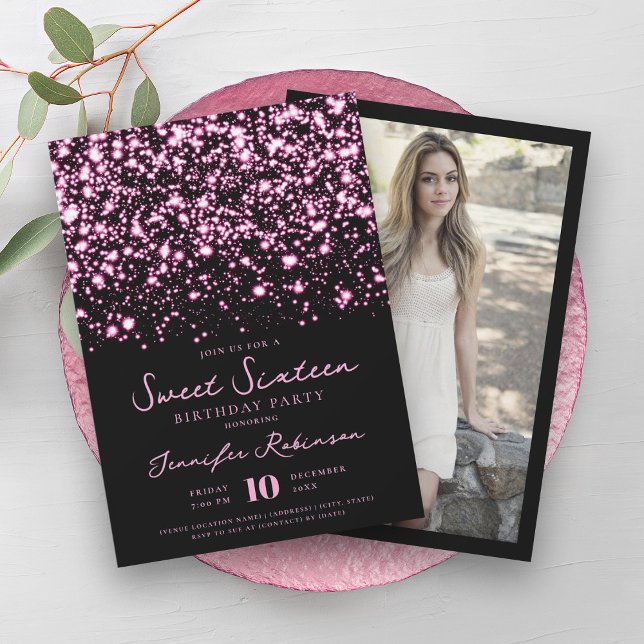 Hot Pink Midnight Glam Photo Sweet 16 Invitation (Hot Pink Midnight Glam Photo Sweet 16 Invitation)
