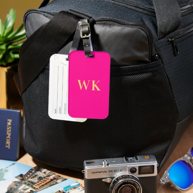 Hot Pink Minimal Monogram Initials Luggage Tag (Front & Back)