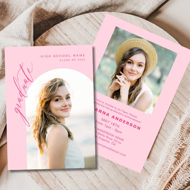 Hot Pink Minimalist Photo Graduation Party Invitation (Creator Uploaded)