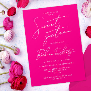 Hot Pink Minimalist Script Chic Sweet Sixteen Invitation