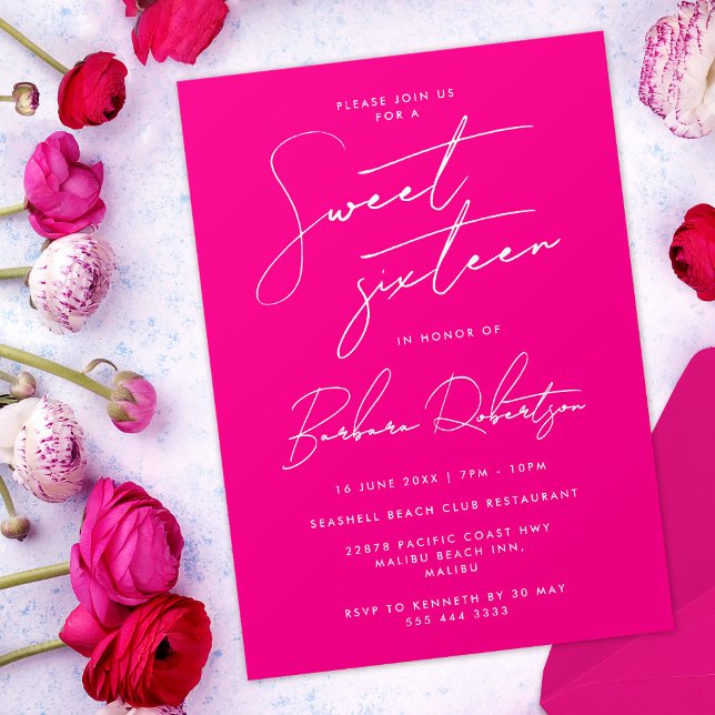 Hot Pink Minimalist Script Chic Sweet Sixteen Invitation (Hot pink invitation with title "sweet sixteen" in modern script)