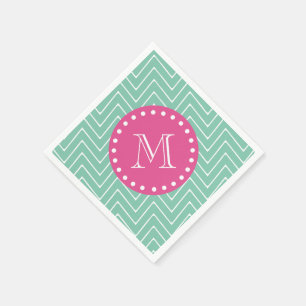 Hot Pink, Mint Green Chevron   Your Monogram Napkin