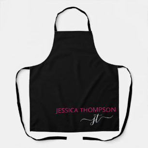 Hot Pink Modern Black Custom Simple Monogram Name Apron
