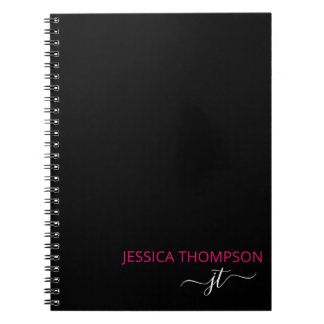 Hot Pink Modern Black Simple Script Monogram Name Notebook