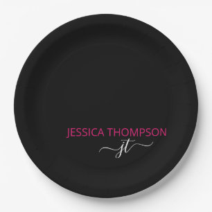 Hot Pink Modern Black Simple Script Monogram Name  Paper Plate