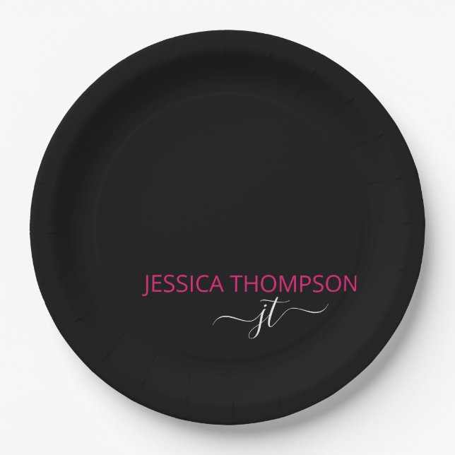 Hot Pink Modern Black Simple Script Monogram Name  Paper Plate (Front)