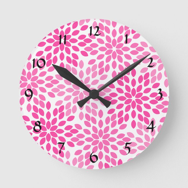 Hot Pink Modern Floral Pattern Round Clock (Front)