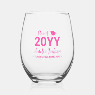 Hot Pink   Modern Graduation Gift Custom Name Stemless Wine Glass
