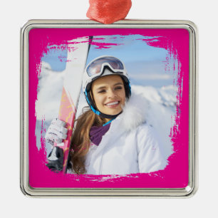 Hot Pink Modern Grunge Border Photo Metal Ornament