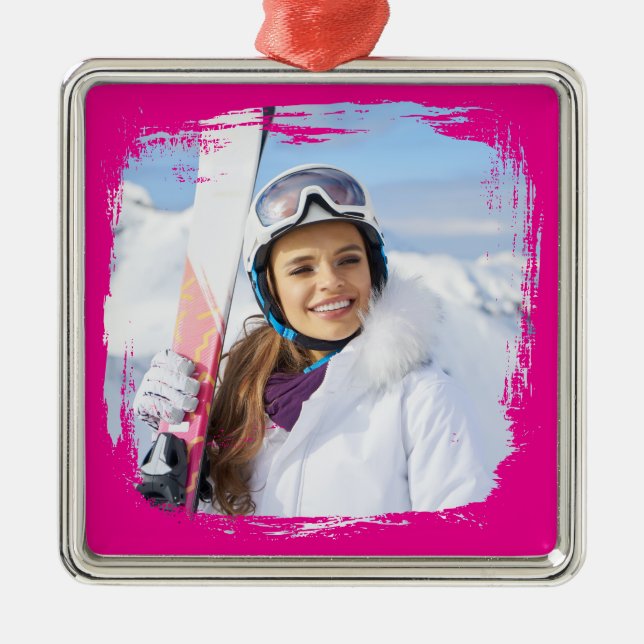 Hot Pink Modern Grunge Border Photo Metal Ornament (Front)