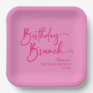 Hot Pink Modern Minimalist Birthday Brunch Party Paper Plate