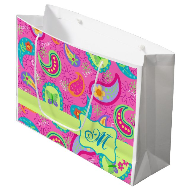 Hot Pink  Modern Paisley Pattern Monogram Table Large Gift Bag (Front Angled)