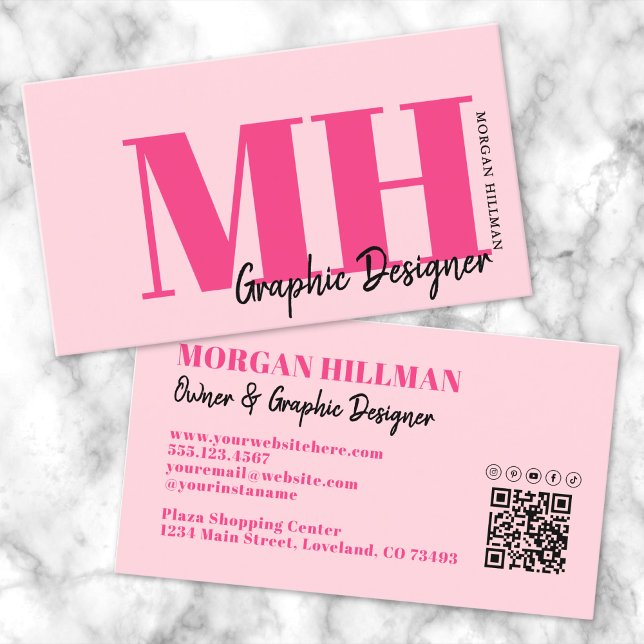 Hot Pink Modern QR Code Monogram Business Card (Hot Pink Modern QR Code Monogram Business Card)