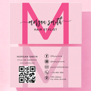 Hot Pink Modern QR Code Script Girly Monogram Name Business Card