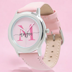 Hot Pink Modern Script Girls Monogram Name Watch