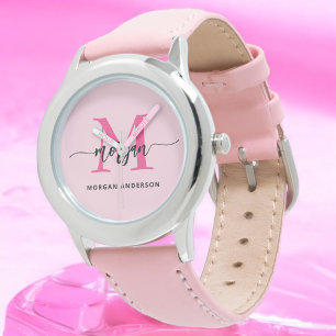 Hot Pink Modern Script Girls Monogram Name Watch