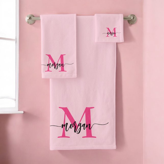 Hot Pink Modern Script Girly Monogram Name Bath Towel Set (Creator Uploaded)