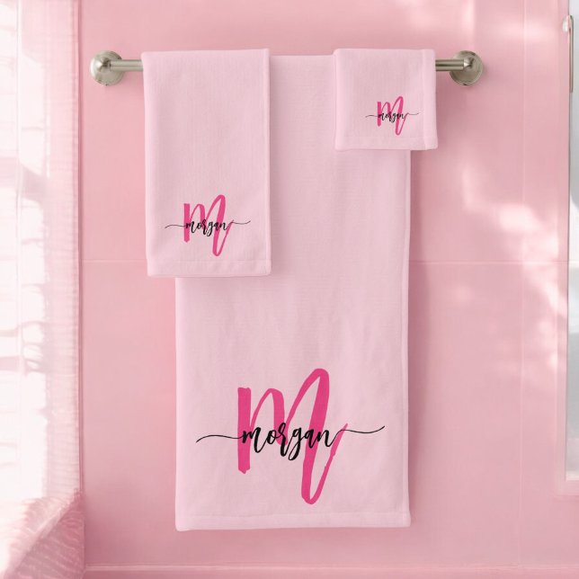 Hot Pink Modern Script Girly Monogram Name Bath Towel Set (Creator Uploaded)