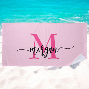 Hot Pink Modern Script Girly Monogram Name Beach Towel
