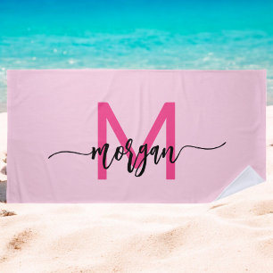 Hot Pink Modern Script Girly Monogram Name Beach Towel
