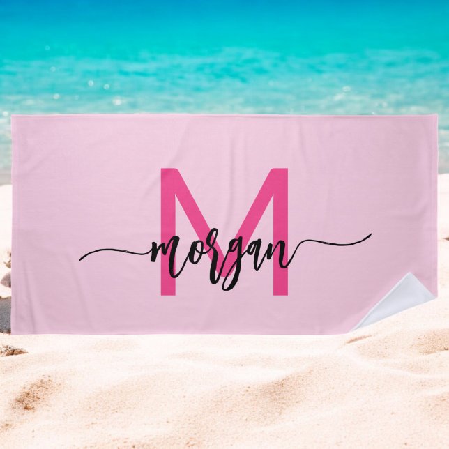 Hot Pink Modern Script Girly Monogram Name Beach Towel (Creator Uploaded)