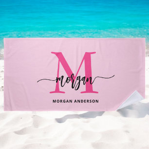 Hot Pink Modern Script Girly Monogram Name Beach Towel