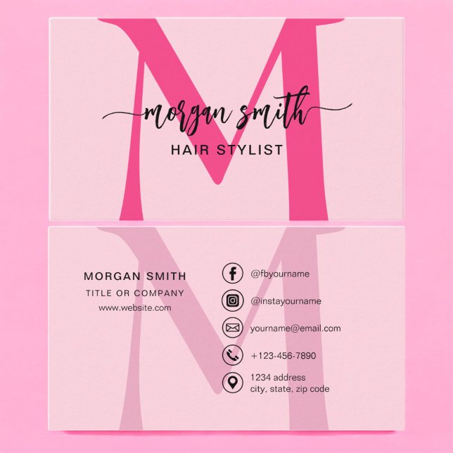 Hot Pink Modern Script Girly Monogram Name Business Card (Creator Uploaded)