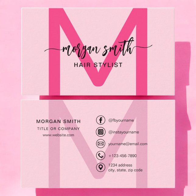 Hot Pink Modern Script Girly Monogram Name Business Card (Creator Uploaded)