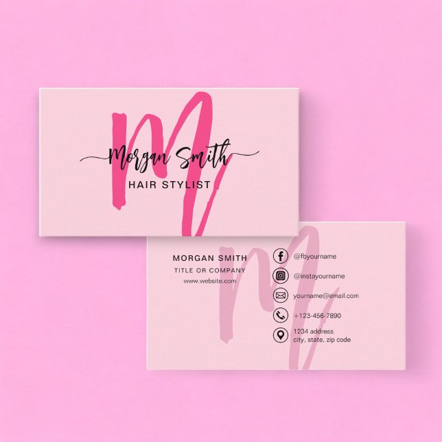 Hot Pink Modern Script Girly Monogram Name Business Card (Creator Uploaded)