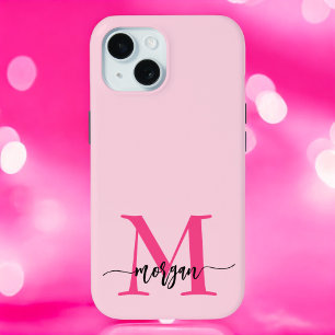 Hot Pink Modern Script Girly Monogram Name iPhone 15 Case