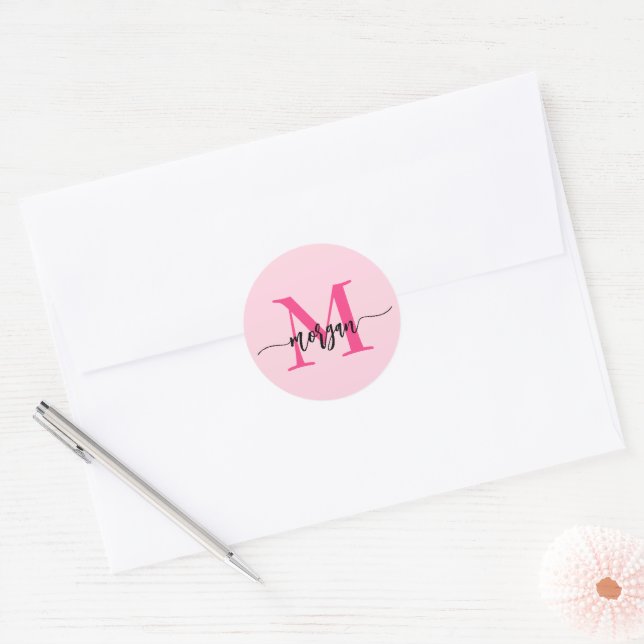 Hot Pink Modern Script Girly Monogram Name Classic Round Sticker (Envelope)