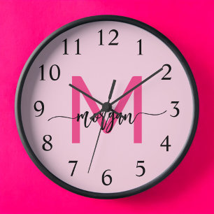 Hot Pink Modern Script Girly Monogram Name  Clock