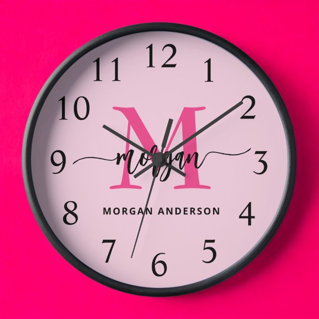 Hot Pink Modern Script Girly Monogram Name  Clock (Creator Uploaded)