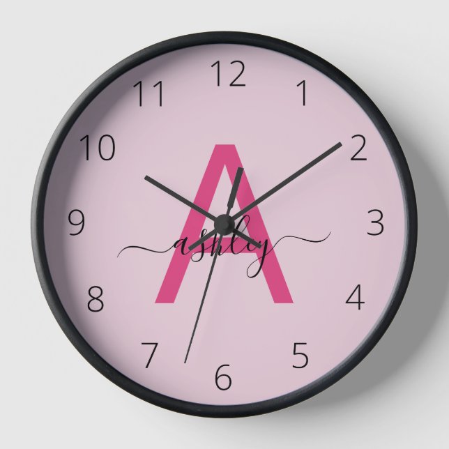 Hot Pink Modern Script Girly Monogram Name Clock (Front)