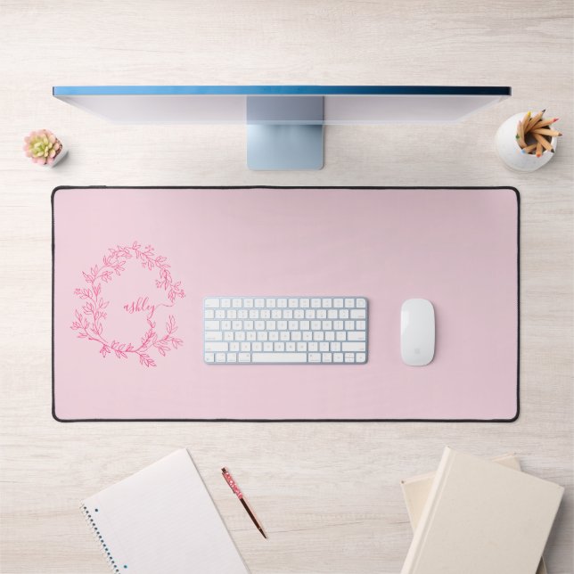 Hot Pink Modern Script Girly Monogram Name Desk Mat (Office 1)
