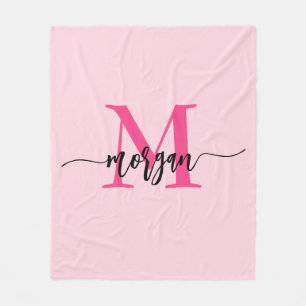 Hot Pink Modern Script Girly Monogram Name Fleece Blanket
