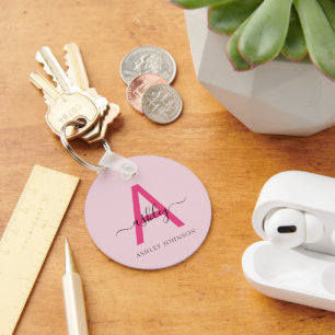 Hot Pink Modern Script Girly Monogram Name Key Ring