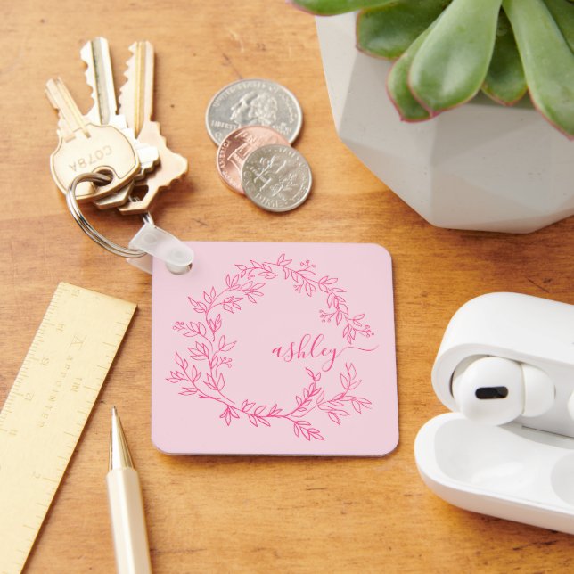 Hot Pink Modern Script Girly Monogram Name Key Ring (Desk)